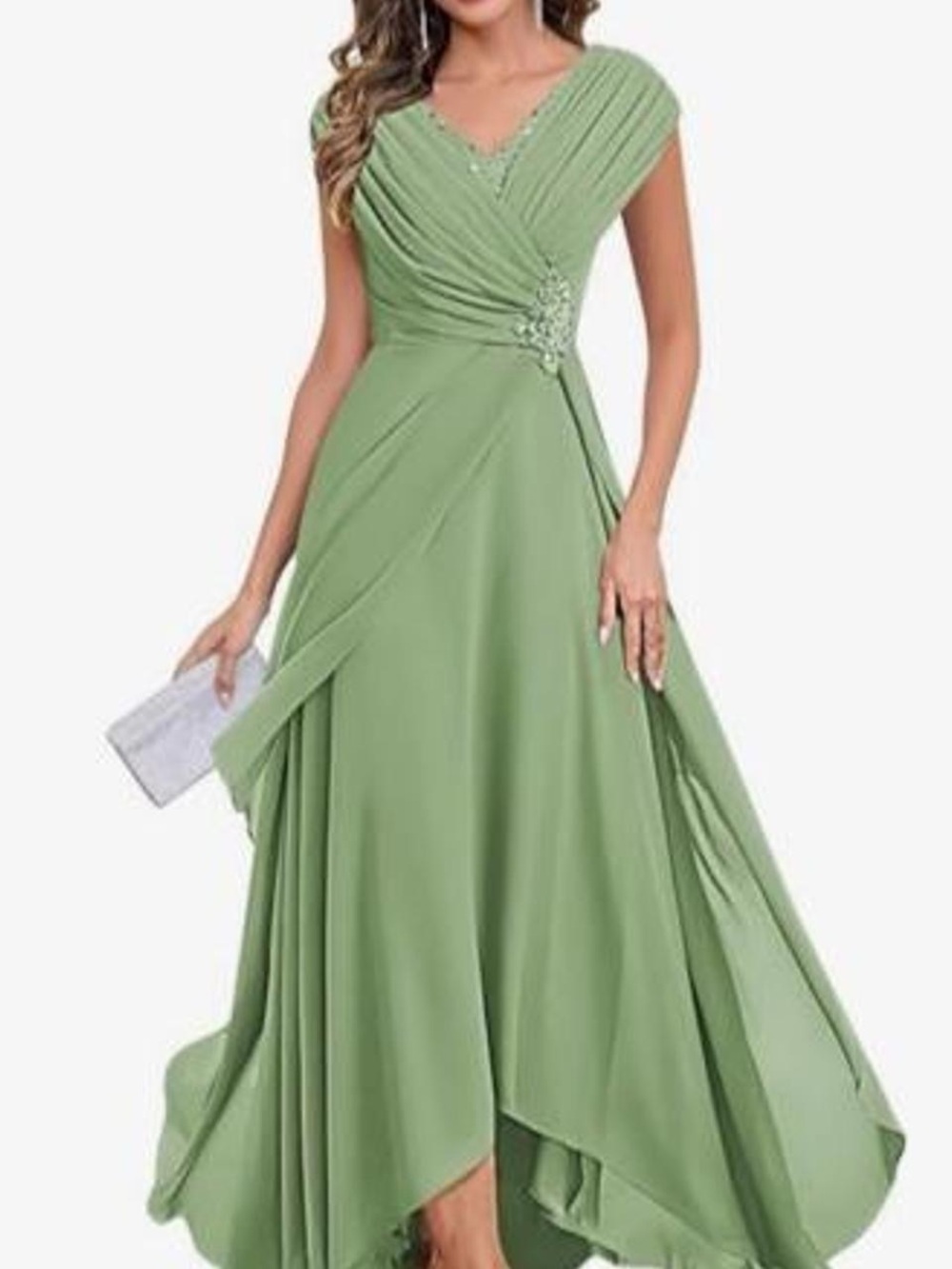 NWT Elegant Sage Green V-Neck Evening Dress
